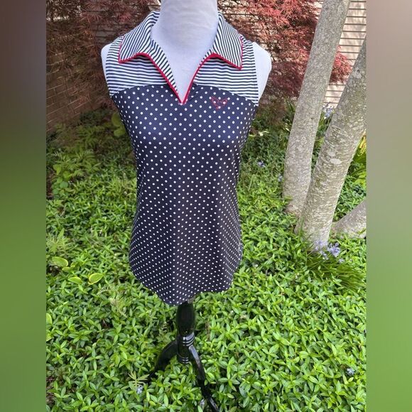 Jofit Navy Polka Dot Sleeveless Top with Red Trim - Picture 1 of 6